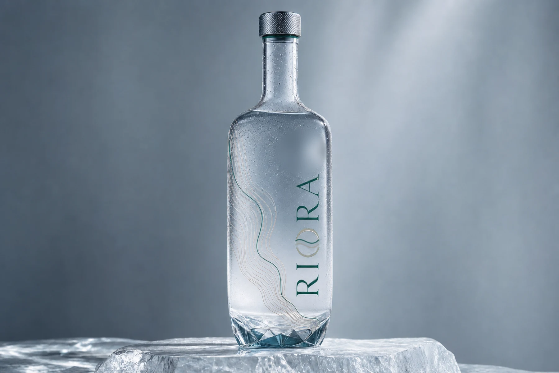Riora Light Table glass bottle on a sculptural ice surface